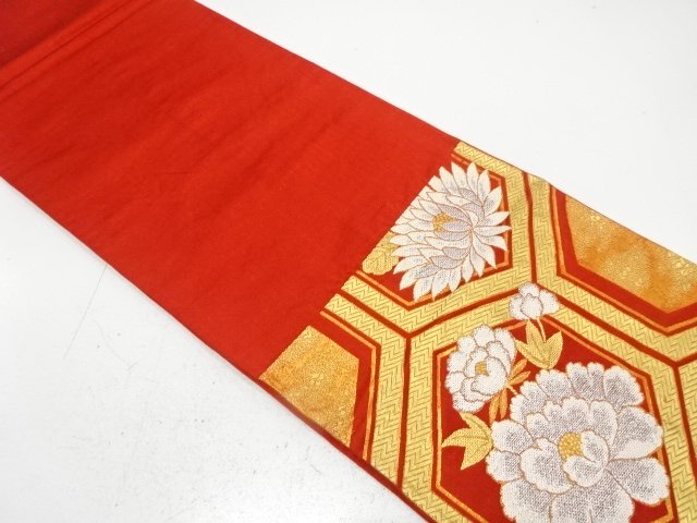  アンティーク　亀甲に菊・牡丹模様織り出し袋帯（着用可）